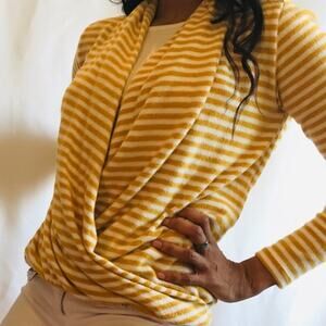 Mesh & Lace Women's Gold White Stripe Top Wrap Front Size XS Soft Comfy NWT